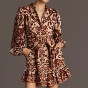 Farm Rio x Anthropologie Long-Sleeve Mini Swing Dress,Color Passion Scarf, $248